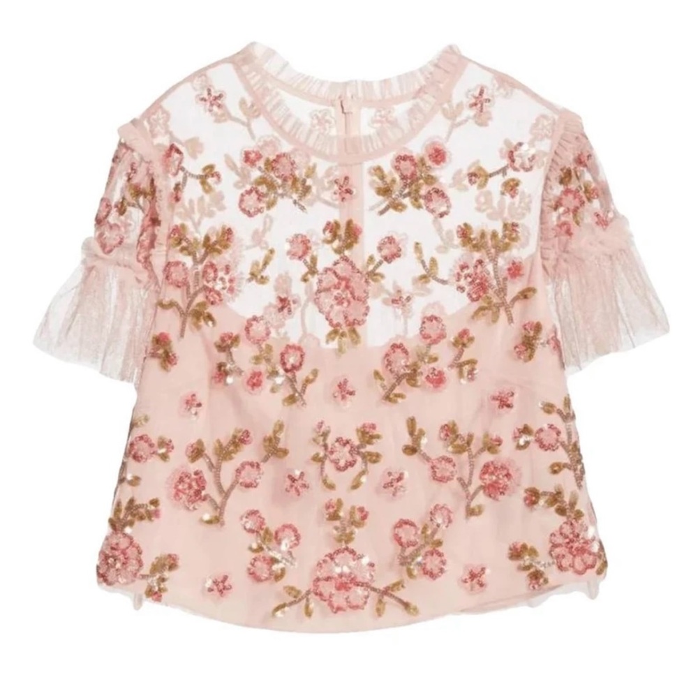 Needle & Thread NWOT Carnation Sequin Embellished Top Pink Floral Mesh Blouse 8 - Picture 2 of 5